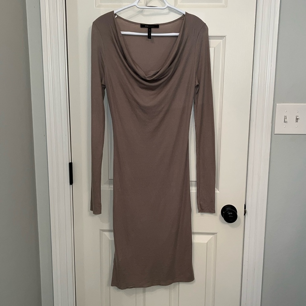 BCBG MaxAzria Tan Hope Cowl Neck Ribbed Long Sleeve Midi Dress Sz Medium Fitted
